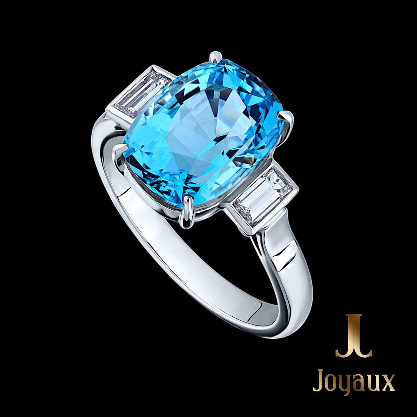 Aquamarine Diamond Baguette Side Cocktail Ring