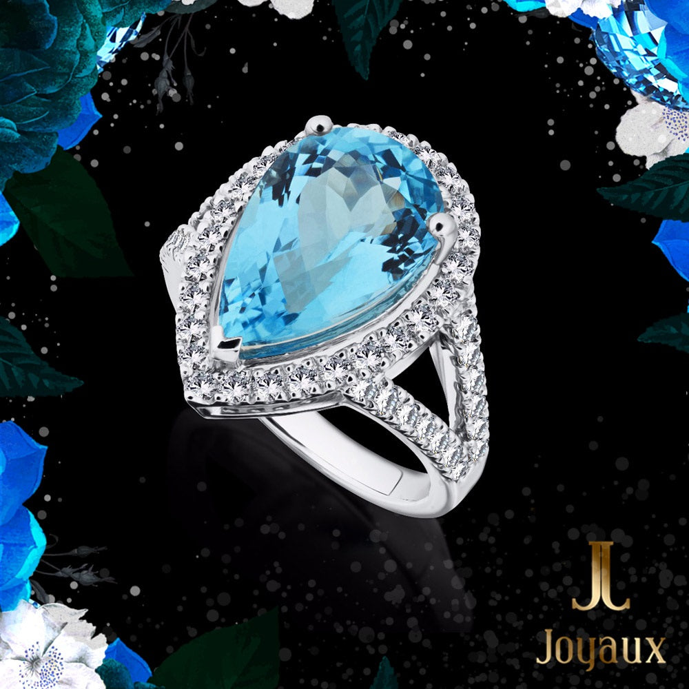 Aquamarine Pear-Cut Pavé Diamond Cocktail Ring