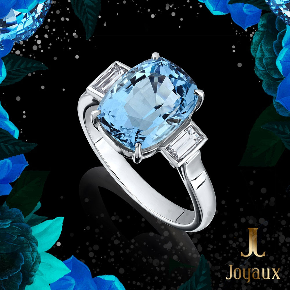 Aquamarine Diamond Baguette Side Cocktail Ring