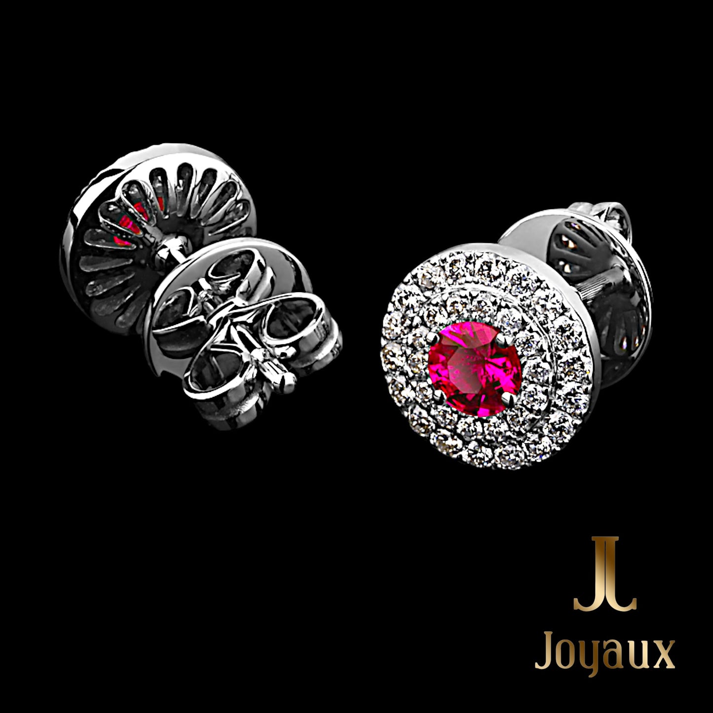Ruby and Diamond Halo Earrings in 18K White Gold
