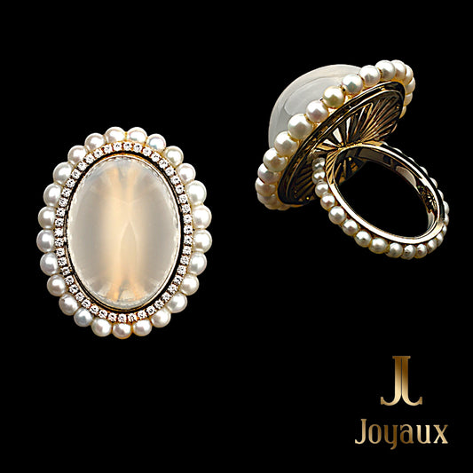 Art Nouveau Inspired Moonstone, Diamond, and Pearl Ring in 18K Yellow Gold