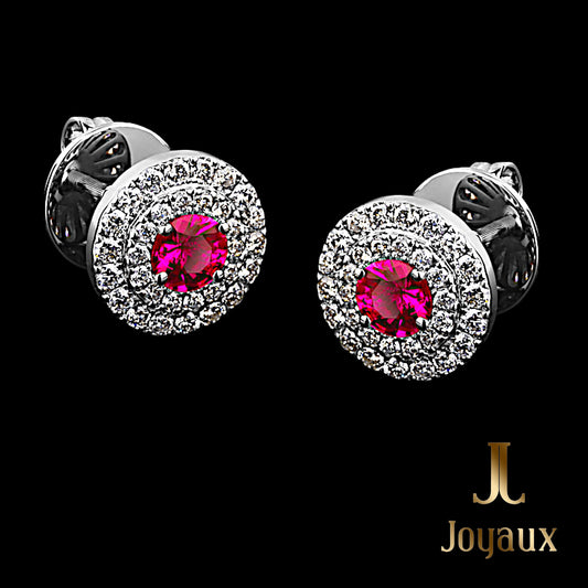 Ruby and Diamond Halo Earrings in 18K White Gold