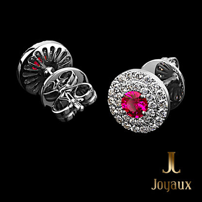 Ruby and Diamond Halo Earrings in 18K White Gold