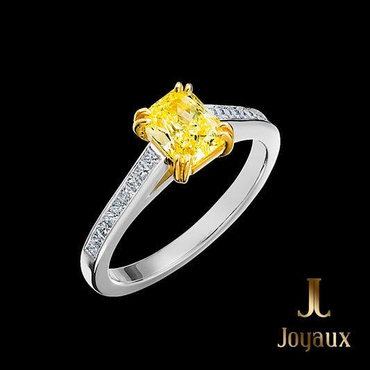 Fancy Yellow Cushion Diamond Side Stone Ring
