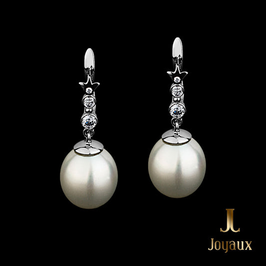 Pearl Drop Diamond Earrings with Star Accents