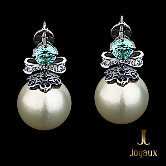 Elegant Pearl Diamond Earrings with Blue Zircons