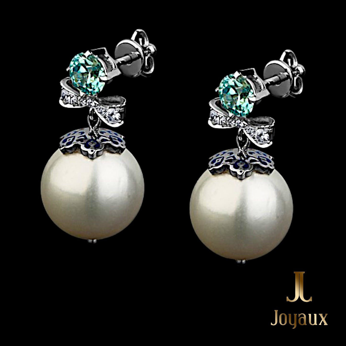 Elegant Pearl Diamond Earrings with Blue Zircons in White Gold 18K